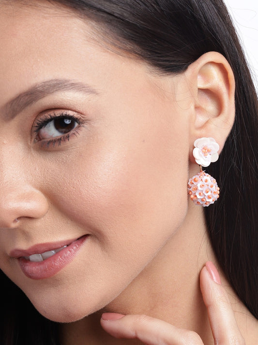 Peach-Coloured & Light Pink Spherical & Floral Beaded & Sequinned Drop Earrings