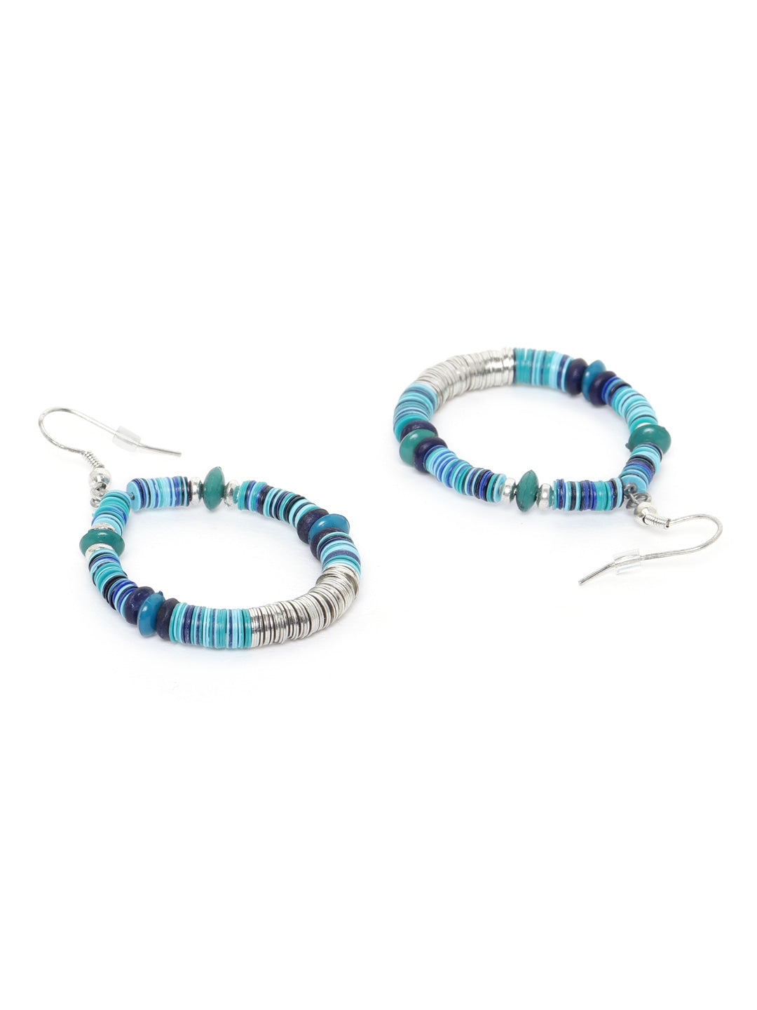Blue Silver-Plated Beaded & Sequinned Teardrop Shaped Drop Earrings