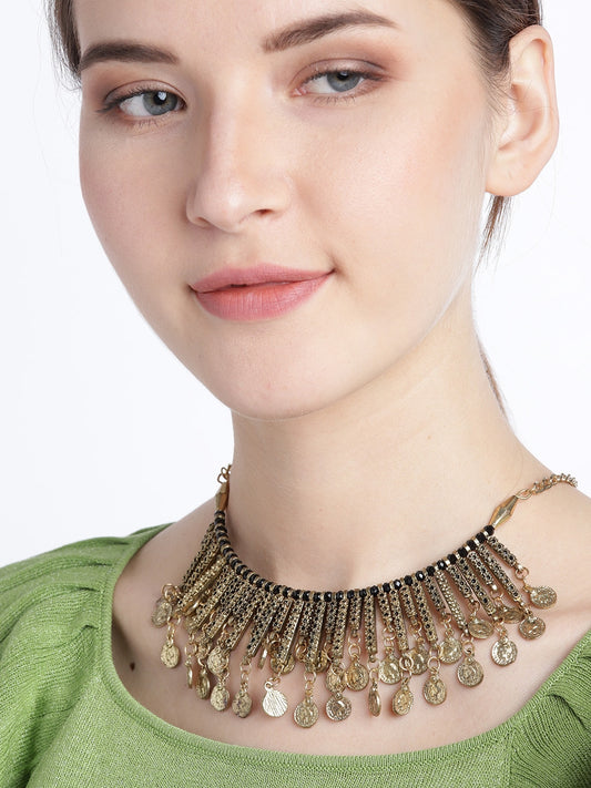 Women Black Antique Gold-Plated Beaded Afghan Necklace