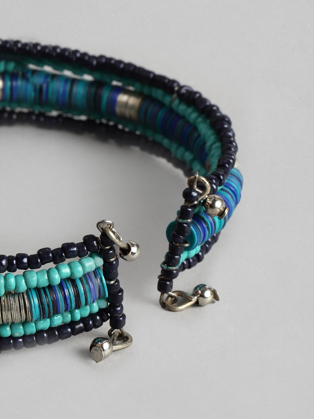 Women Silver-Plated Beaded Multi-Layered Cuff Bracelet