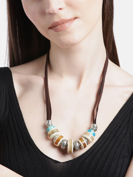 Women Beige & Turquoise Silver-Plated Blue Beaded Necklace