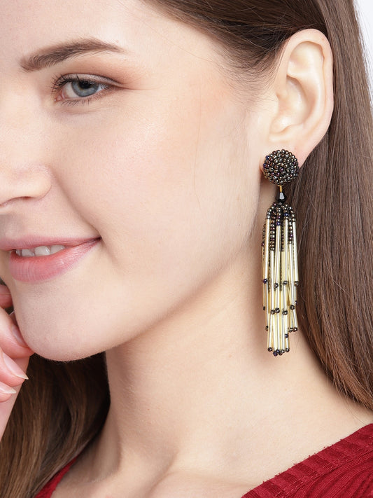 Gunmetal-Toned & Gold-Toned Beaded Iridescent Effect Contemporary Drop Earrings