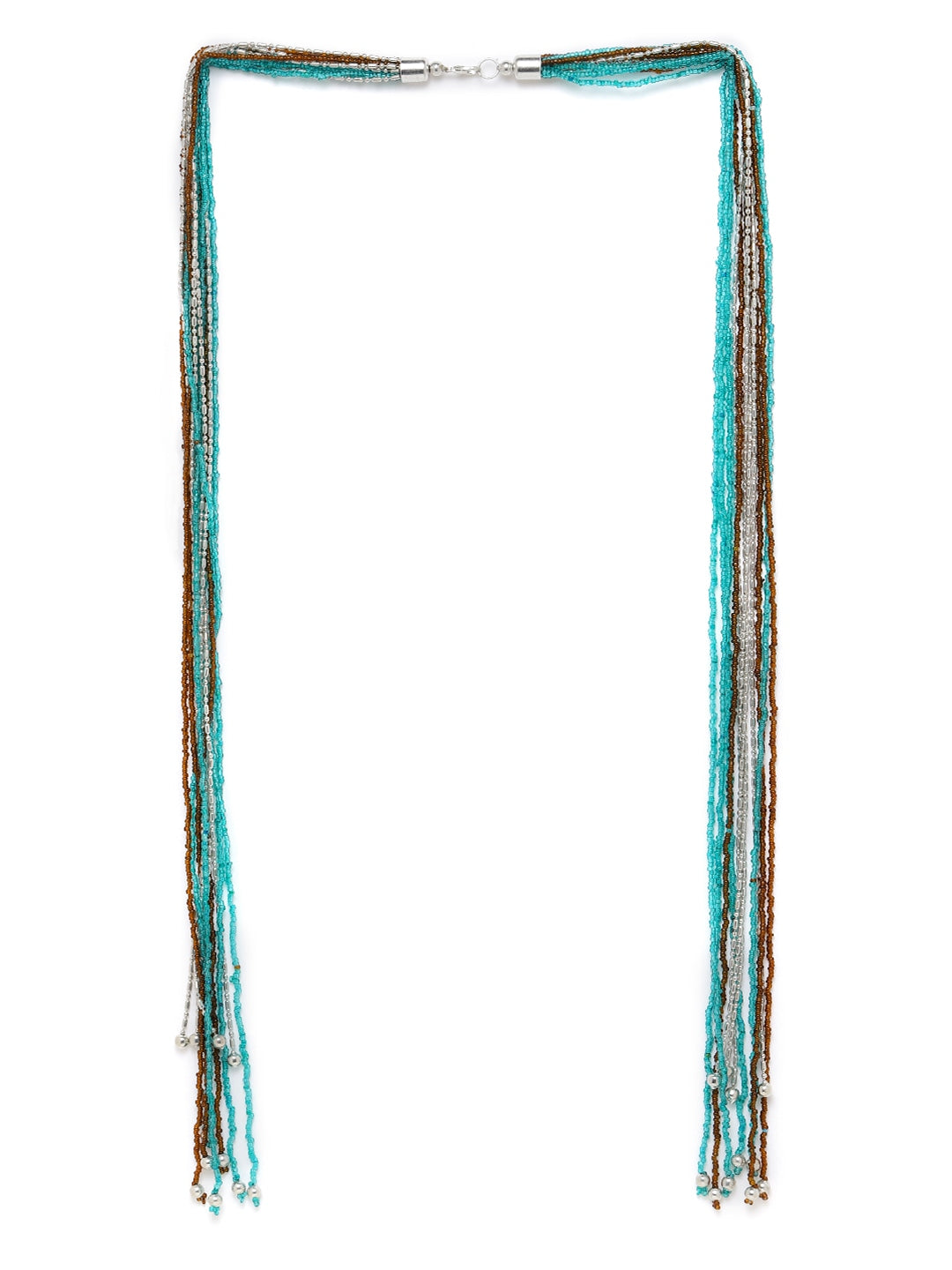 Teal Green & Coffee Brown Silver-Plated Beaded Multi-Stranded Knotted Necklace