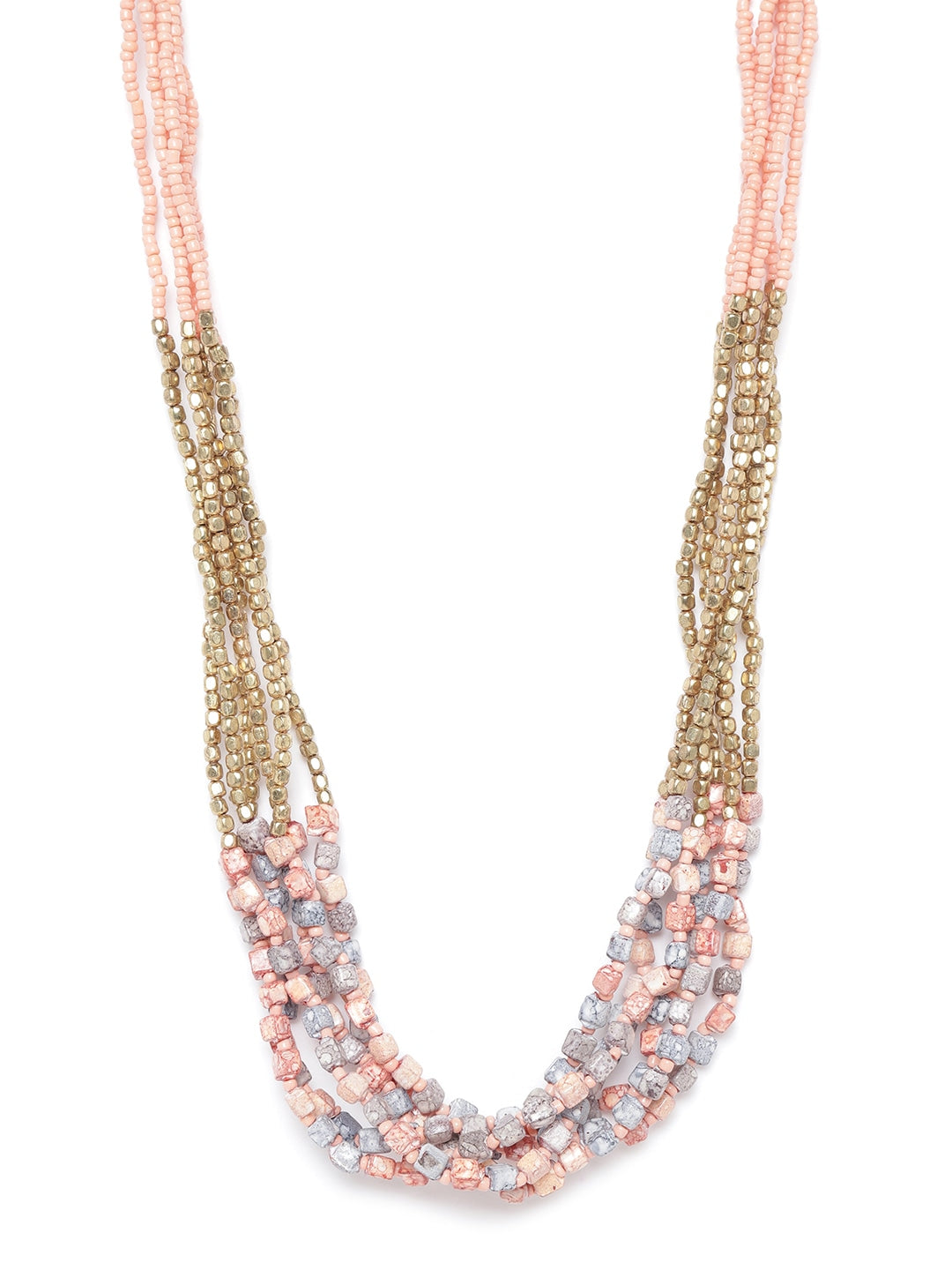 Peach-Coloured & Grey Antique Gold-Plated Beaded Multistranded Necklace