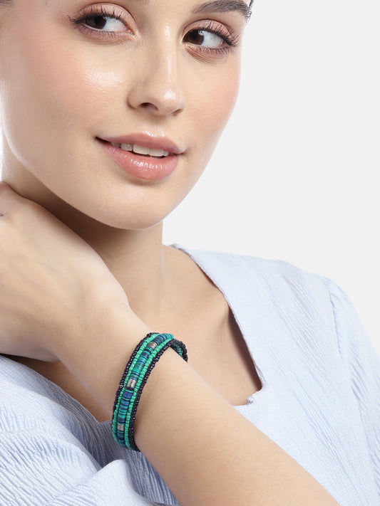 Women Silver-Plated Beaded Multi-Layered Cuff Bracelet