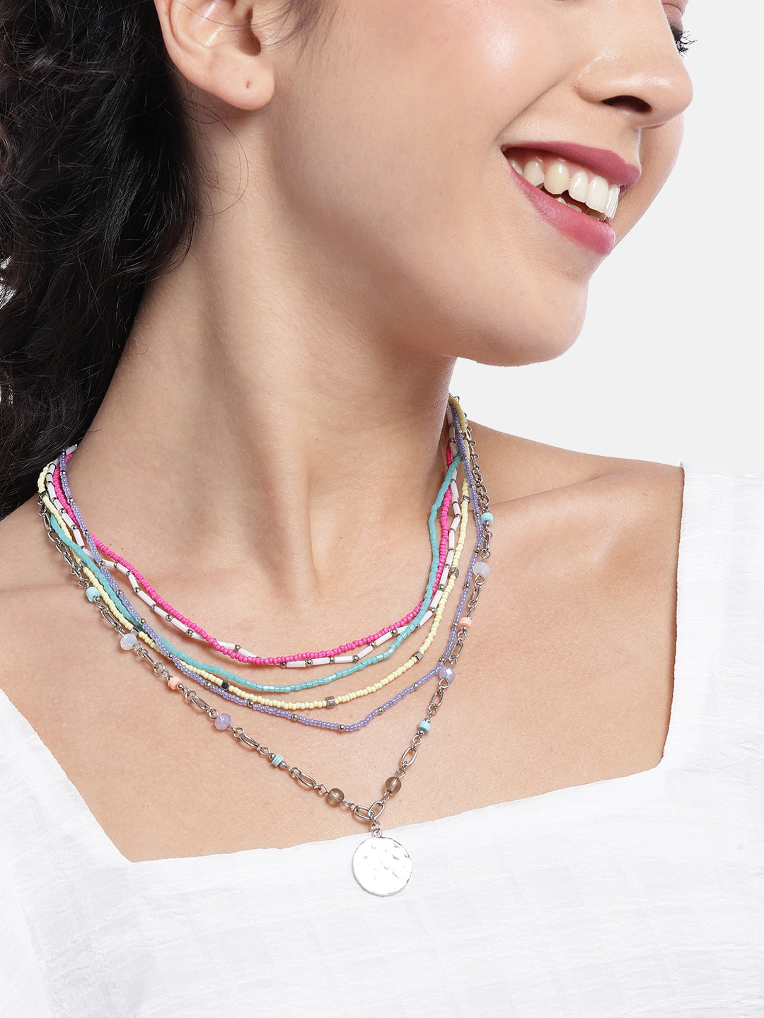 Pink & Silver-Toned Layered Necklace