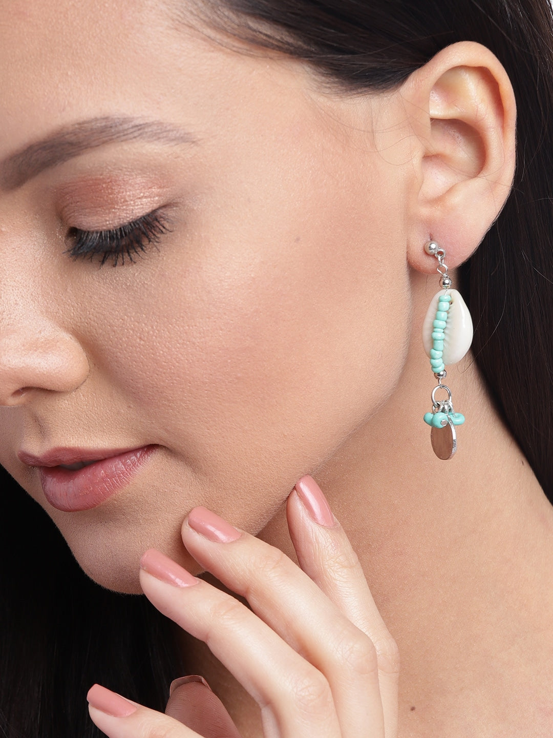 RICHEERA Sea Green & Off-White Silver-Plated Beaded Cowry Drop Earrings