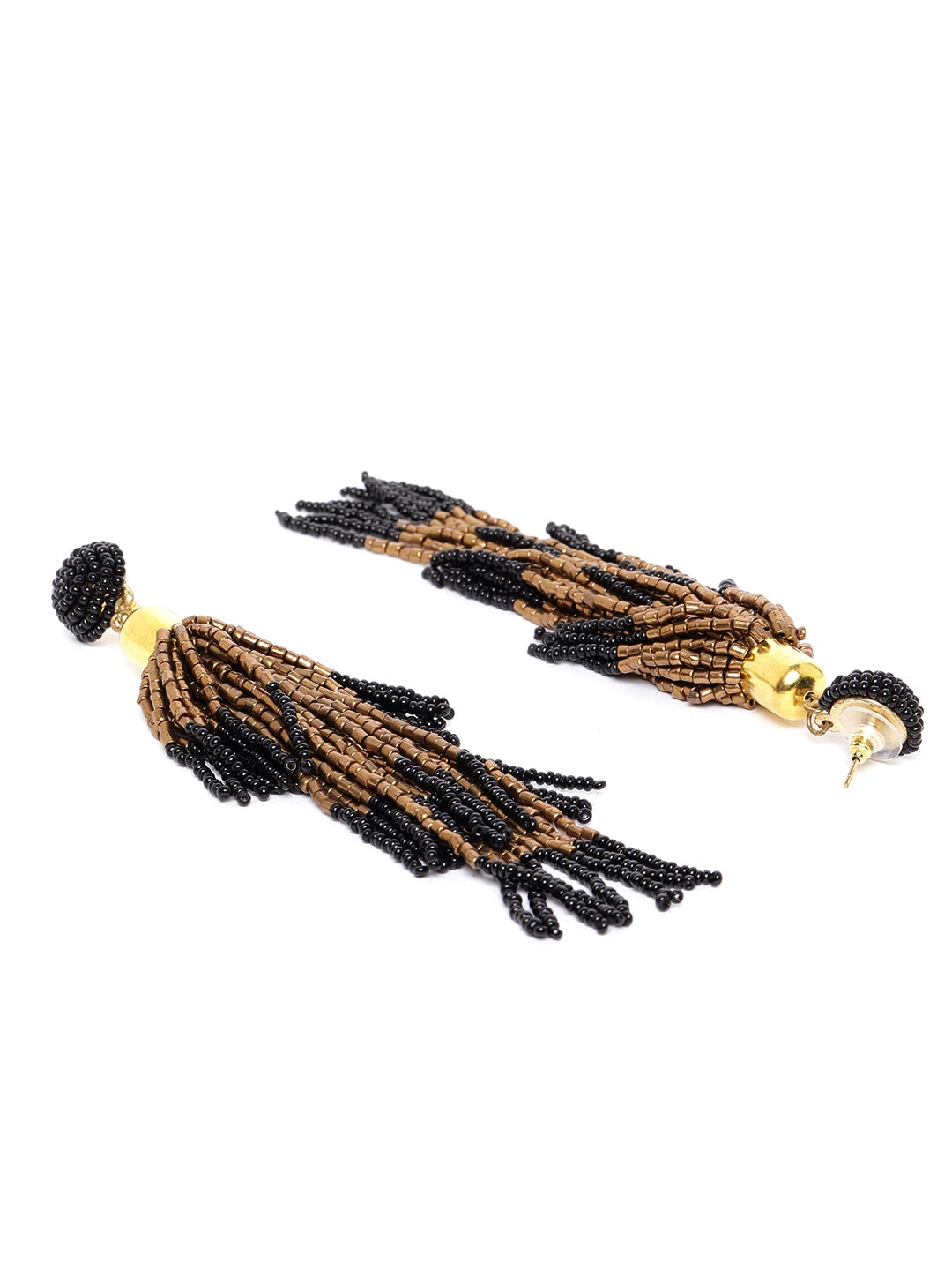 RICHEERA Black & Bronze-Toned Gold-Plated Beaded Tasselled Contemporary Drop Earrings