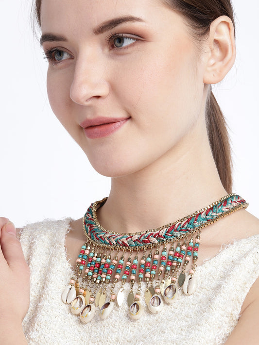Women Green & Peach-Coloured Gold-Plated Beaded Sea Shell Detail Tribal Necklace