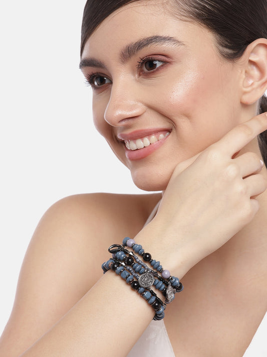 Women Pack of 5 Blue & Black Elasticated Bracelet