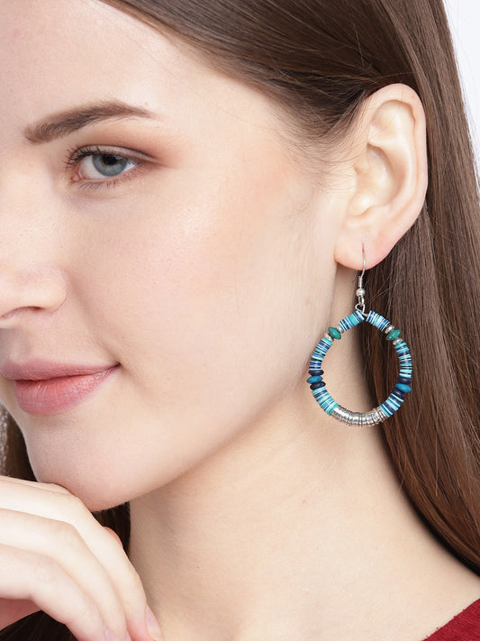 Blue Silver-Plated Beaded & Sequinned Teardrop Shaped Drop Earrings