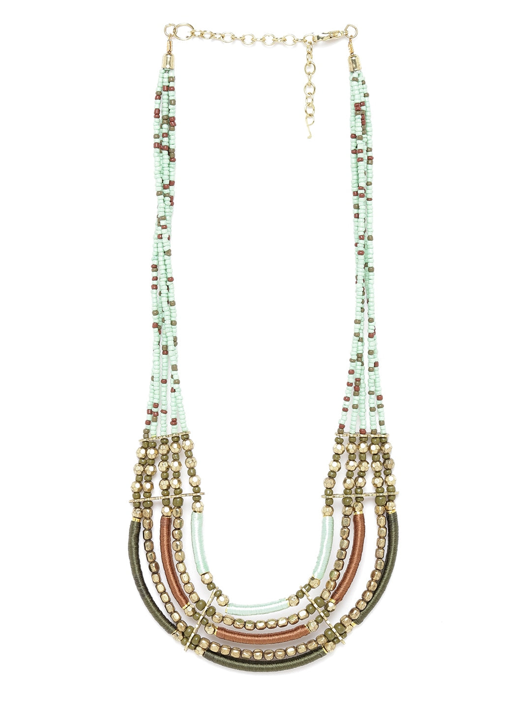 Women Green & Copper-Toned Antique Gold-Plated Beaded Layered Tribal Necklace