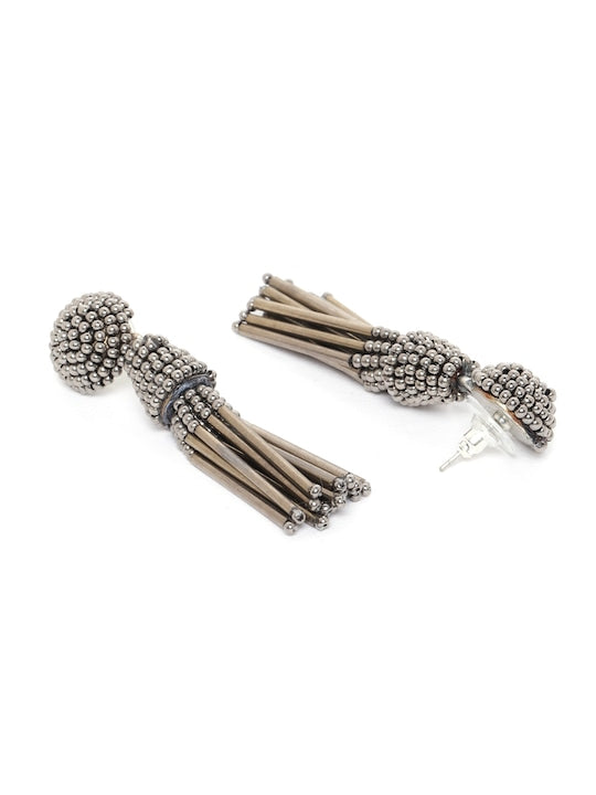 Gunmetal-Toned Beaded Tasselled Contemporary Drop Earrings