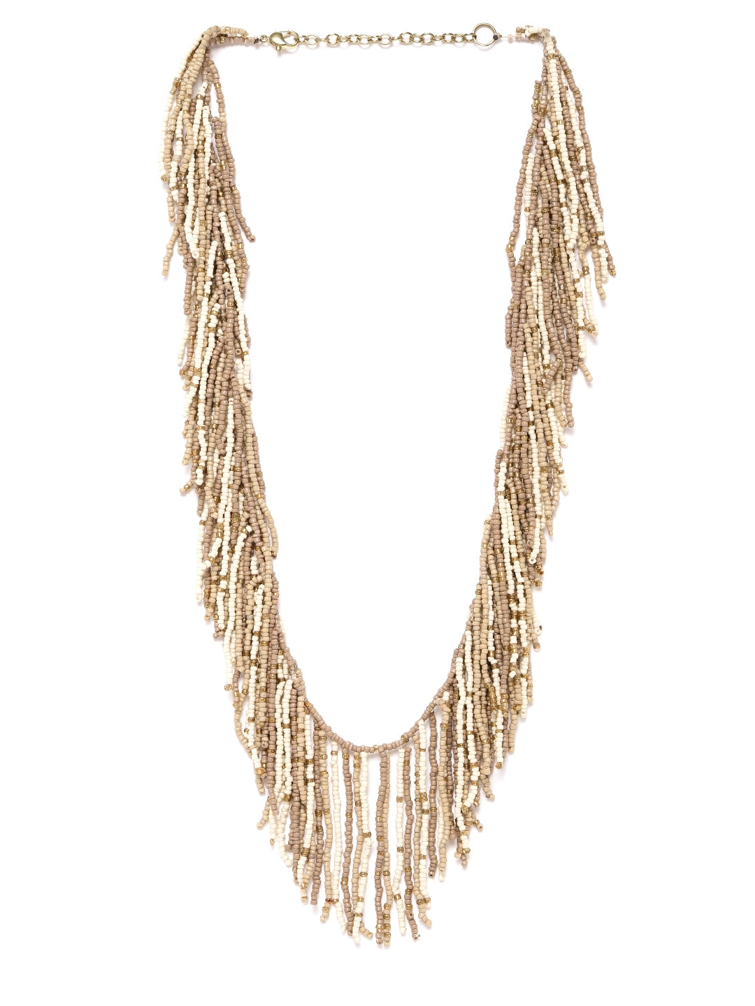 Beige & Off-White Gold-Plated Beaded Tasselled Necklace