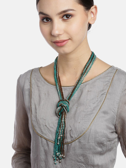 Teal Green & Coffee Brown Silver-Plated Beaded Multi-Stranded Knotted Necklace