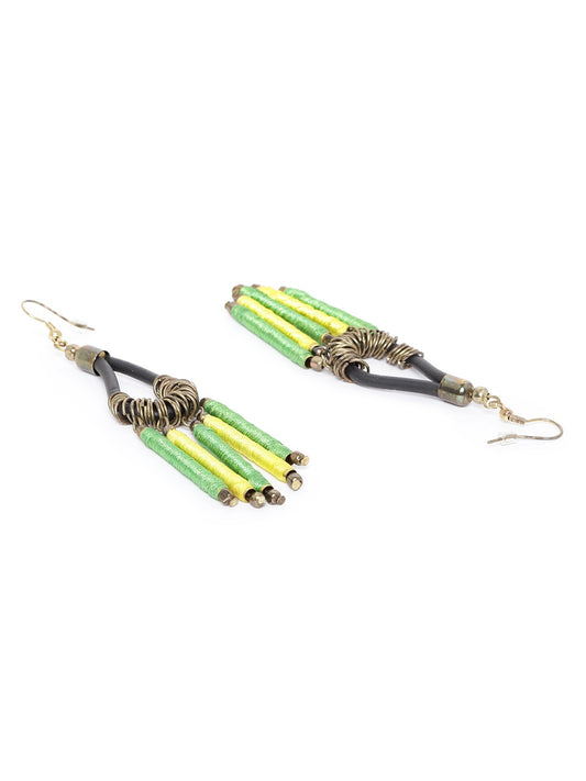 RICHEERA Black & Green Antique Gold-Plated Teardrop Shaped Drop Earrings