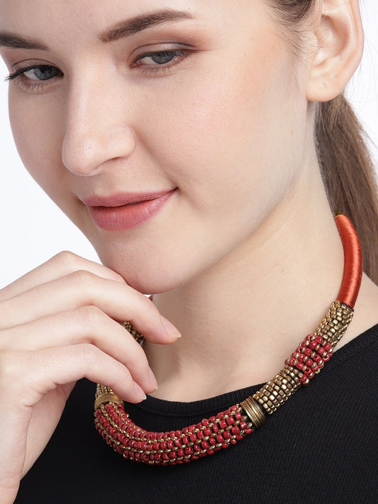 Rust Red & Pink Antique Gold-Plated Beaded Necklace