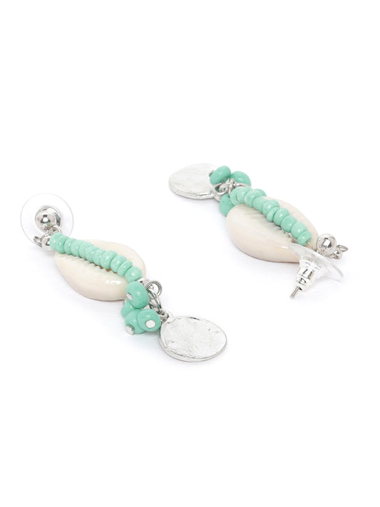 RICHEERA Sea Green & Off-White Silver-Plated Beaded Cowry Drop Earrings