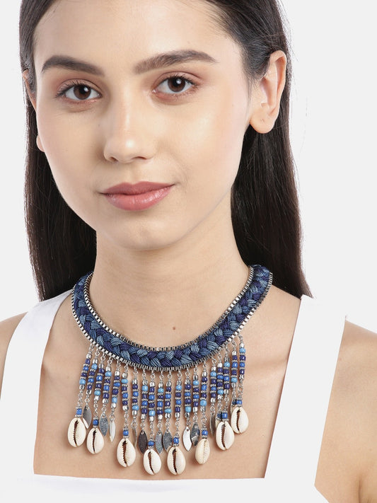 Blue Silver-Plated Beaded Sea Shell Detail Braided Tribal Necklace