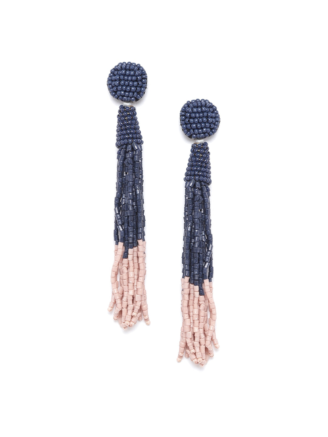 Navy Blue & Peach-Coloured Colourblocked Beaded Tasselled Drop Earrings