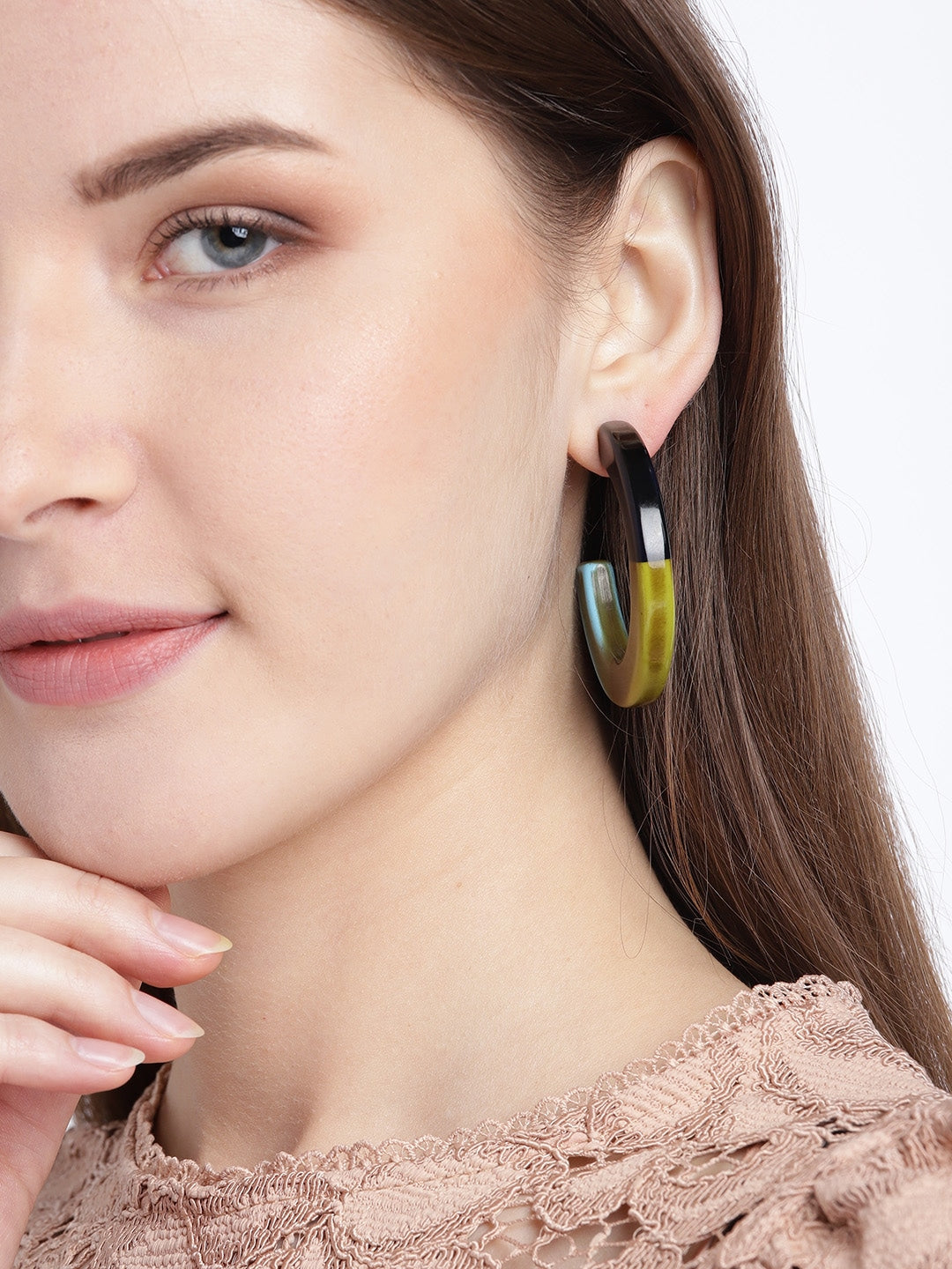 Lime Green & Black Resin Print Circular Half Hoop Earrings