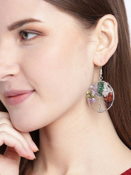 Multicoloured Silver-Plated Agate-Studded Circular Drop Earrings