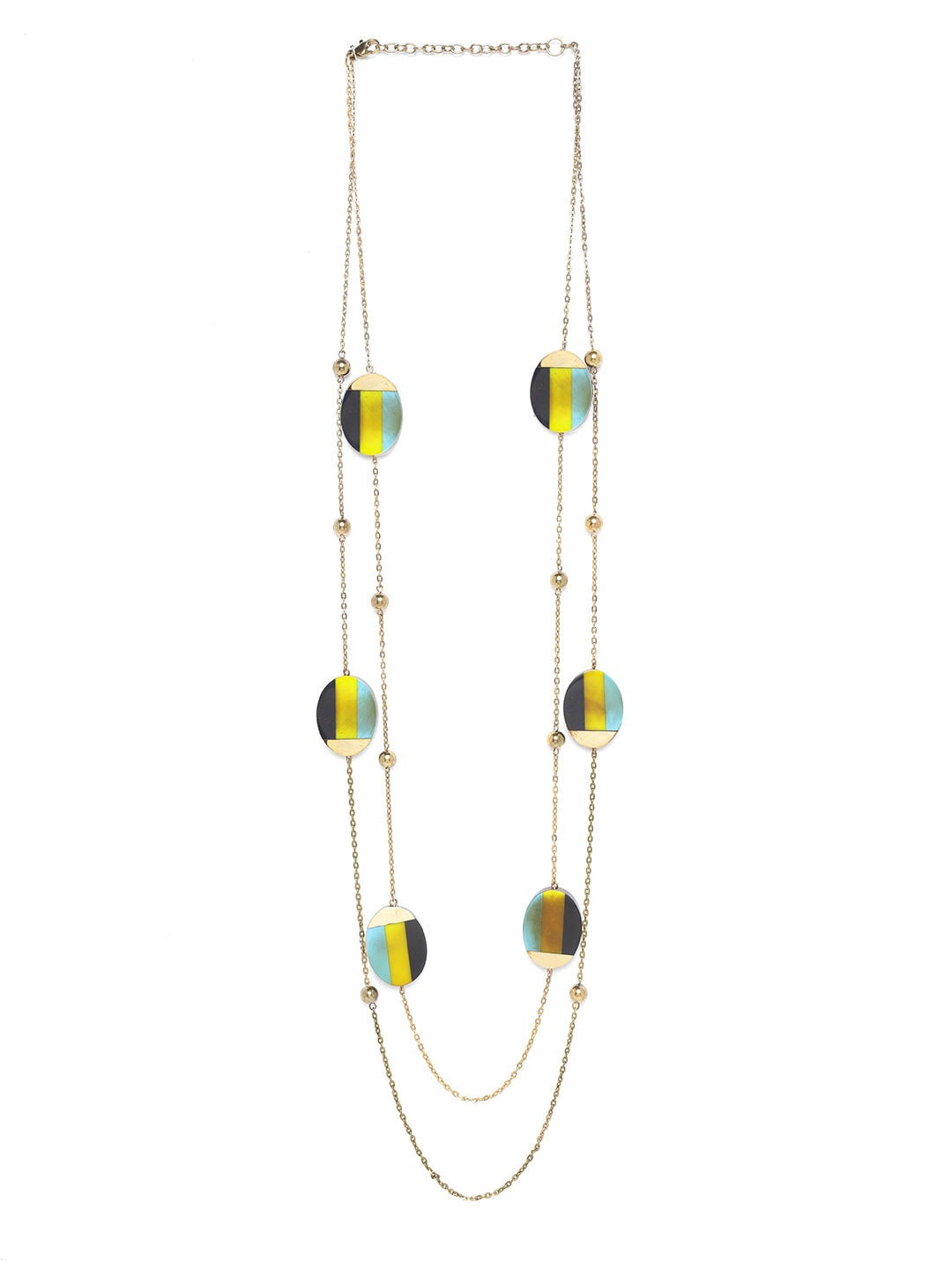 Women Lime Green & Black Antique Gold-Plated Resin Print Layered Necklace