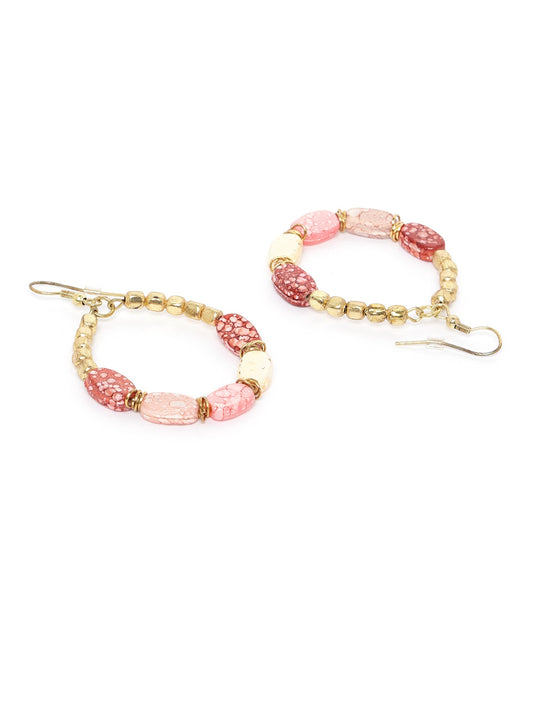 Peach-Coloured Gold-Plated Beaded Oval Drop Earrings