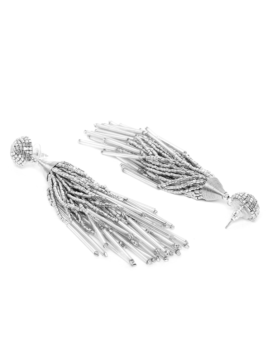 RICHEERA Silver-Plated Beaded Tasselled Contemporary Drop Earrings