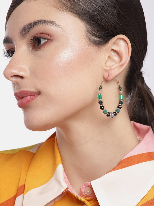 Green & Black Circular Beaded Hoop Earrings