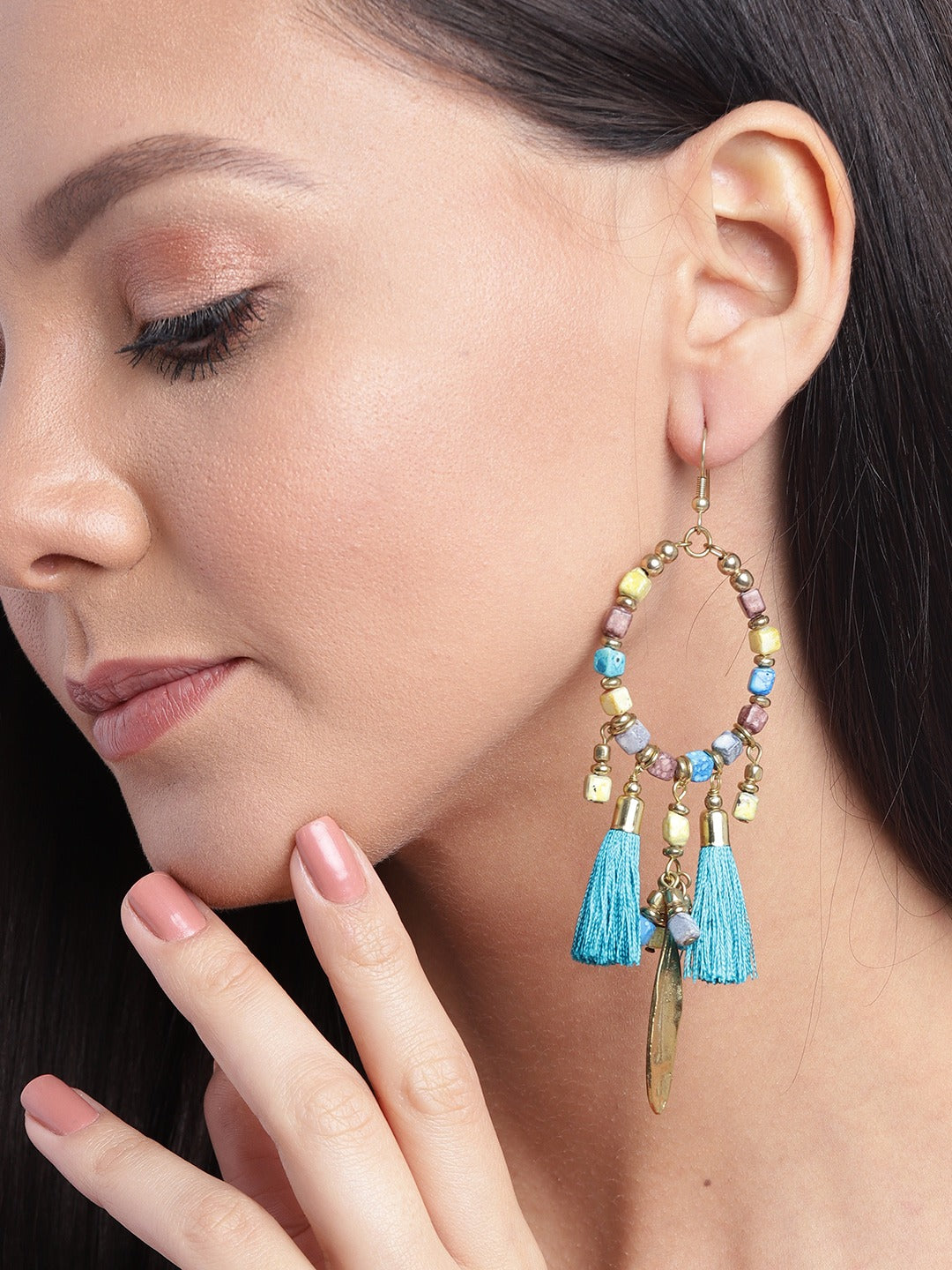 RICHEERA Turquoise Blue & Brown Gold-Plated Beaded Tasselled Teardrop Shaped Drop Earrings