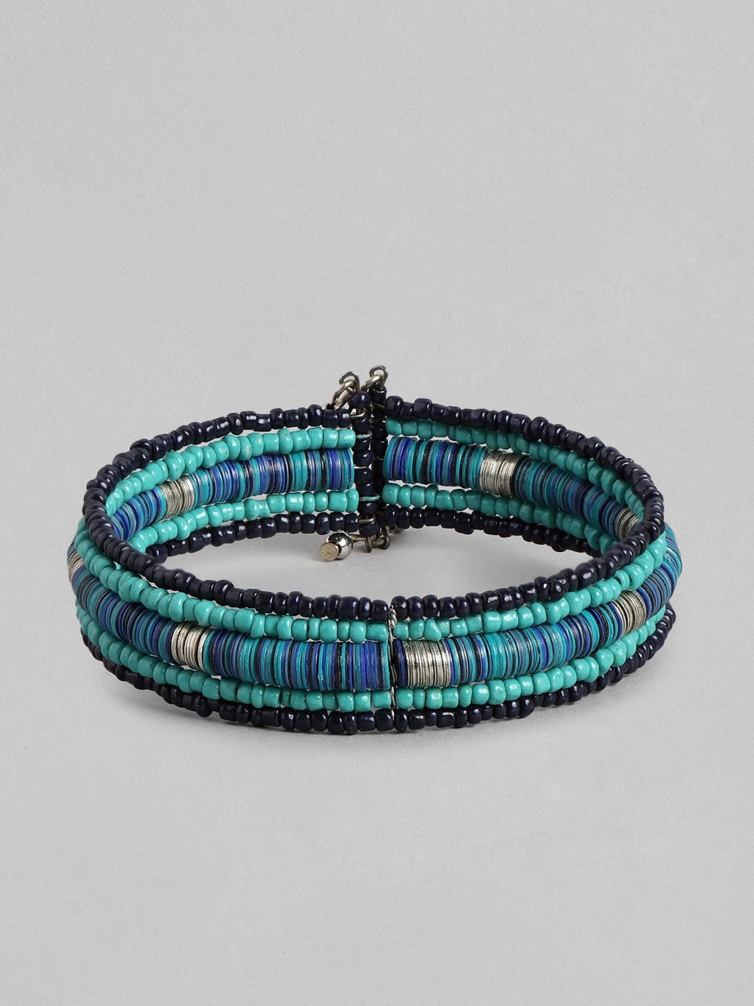Women Silver-Plated Beaded Multi-Layered Cuff Bracelet