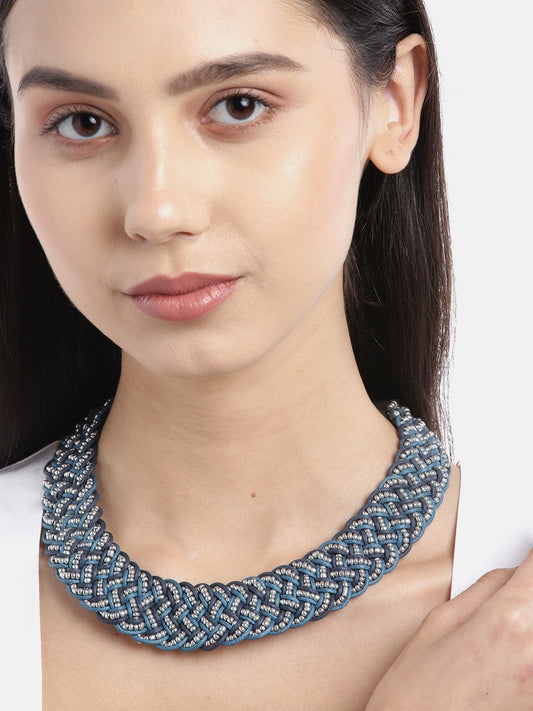 Blue & Silver-Toned Beaded Statement Bohemian Braided Necklace