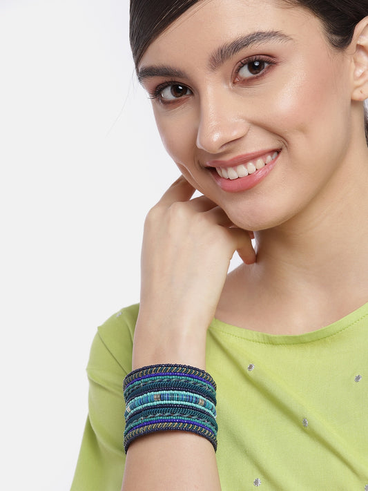 Women Blue & Green Beaded Cuff Bracelet