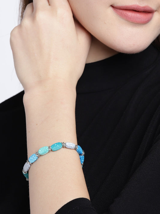 Set of 5 Turquoise Blue & Sea Green Silver-Plated Beaded Elasticated Bracelets