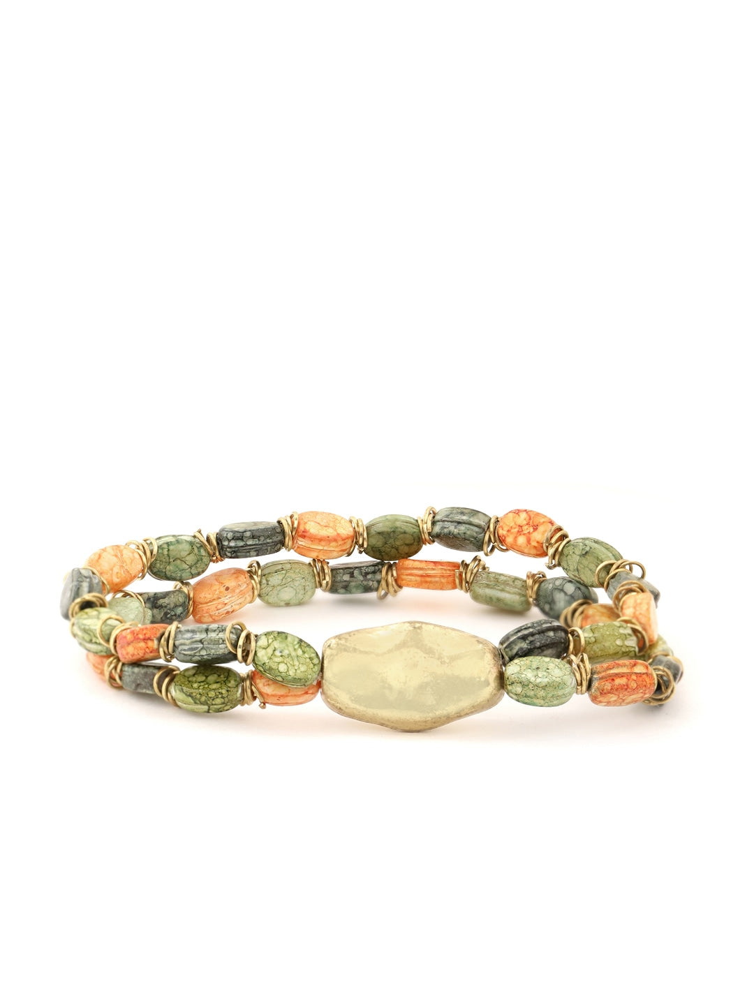 Olive Green & Orange Gold-Plated Beaded Dual-Stranded Elasticated Bracelet