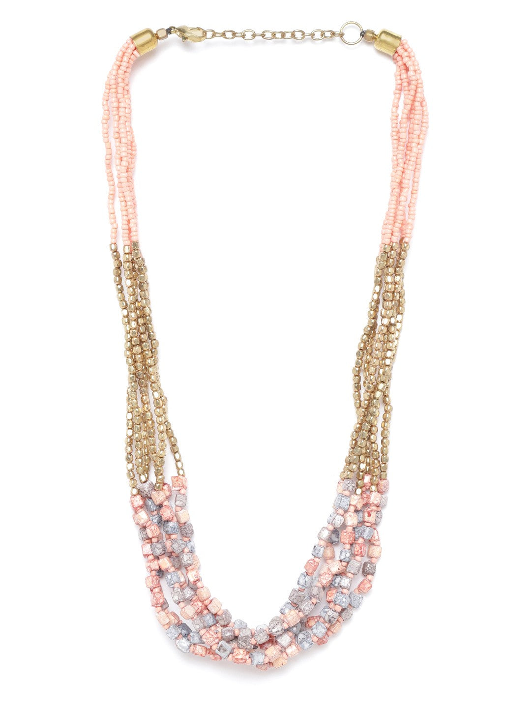 Peach-Coloured & Grey Antique Gold-Plated Beaded Multistranded Necklace