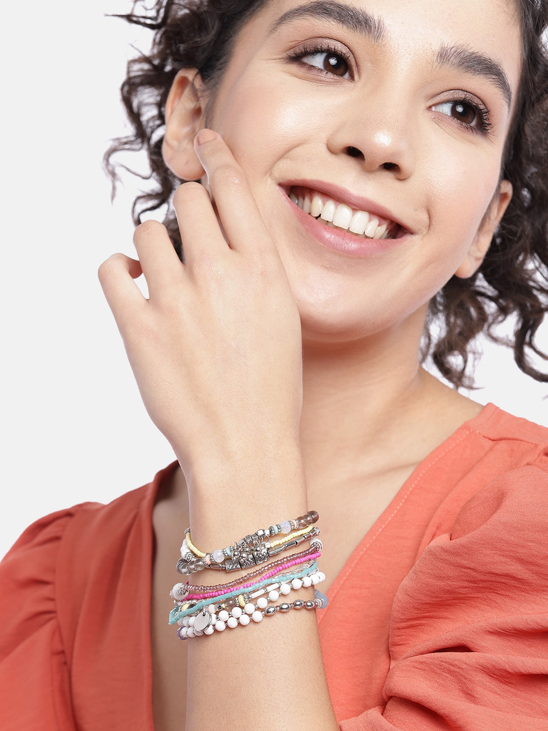 Women Set of 10 Silver-Toned & Off White Silver-Plated Armlet Bracelet