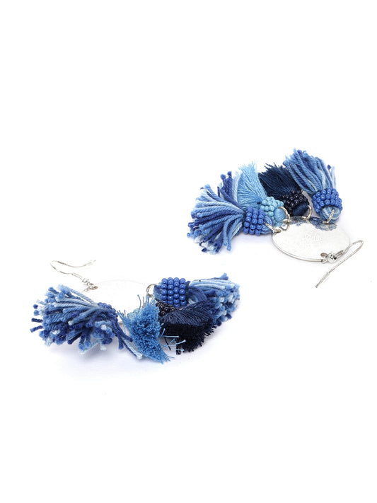Blue Silver-Plated Tasselled Beaded Circular Drop Earrings