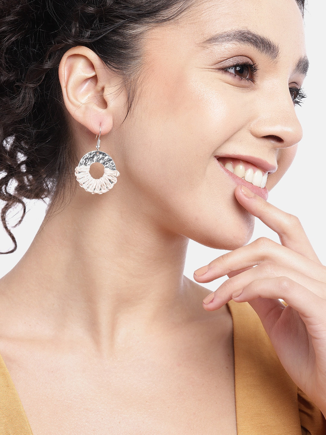 RICHEERA Beige & Silver-Toned Circular Drop Earrings