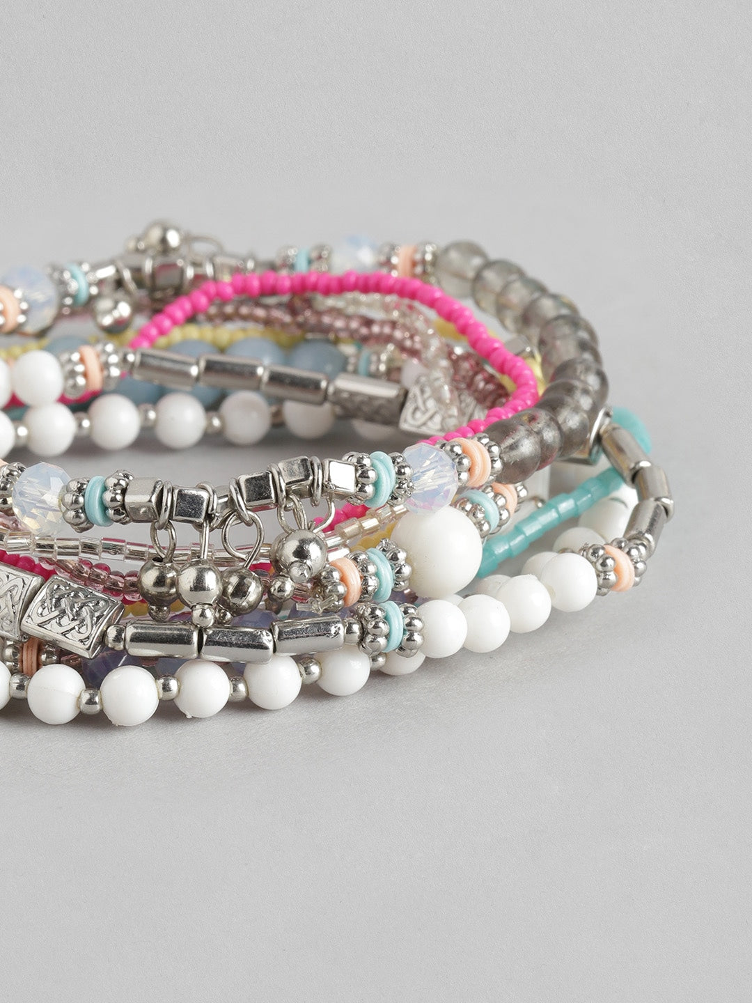 Women Set of 10 Silver-Toned & Off White Silver-Plated Armlet Bracelet