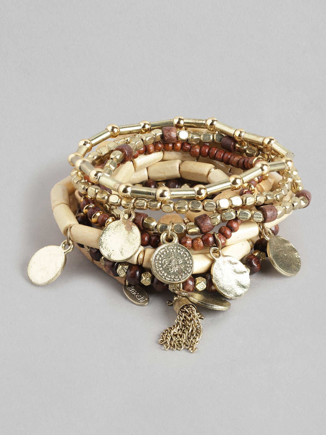 Women Set of 9 Gold-Plated Brown & Off White Armlet Bracelet