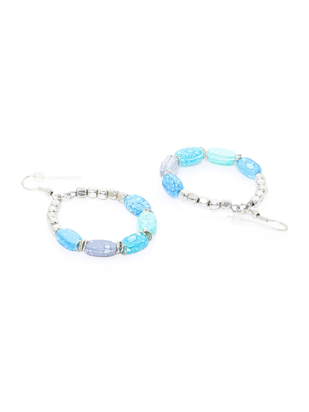 Turquoise Blue Silver-Plated Beaded Oval Drop Earrings