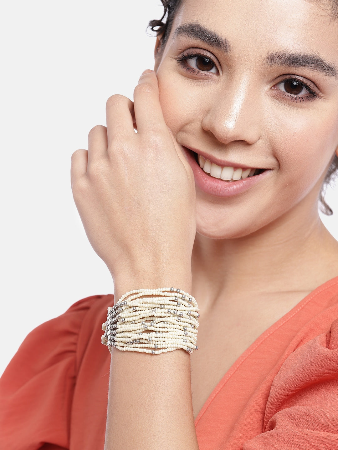 RICHEERA Women Off White & Silver-Toned Cuff Bracelet