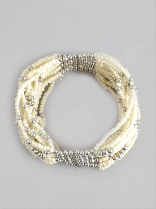 RICHEERA Women Off White & Silver-Toned Cuff Bracelet