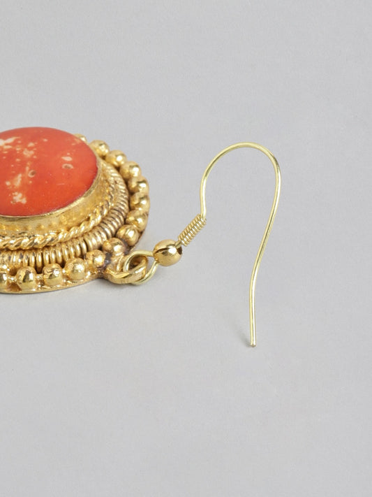 RICHEERA Gold-Toned & Orange Circular Drop Earrings