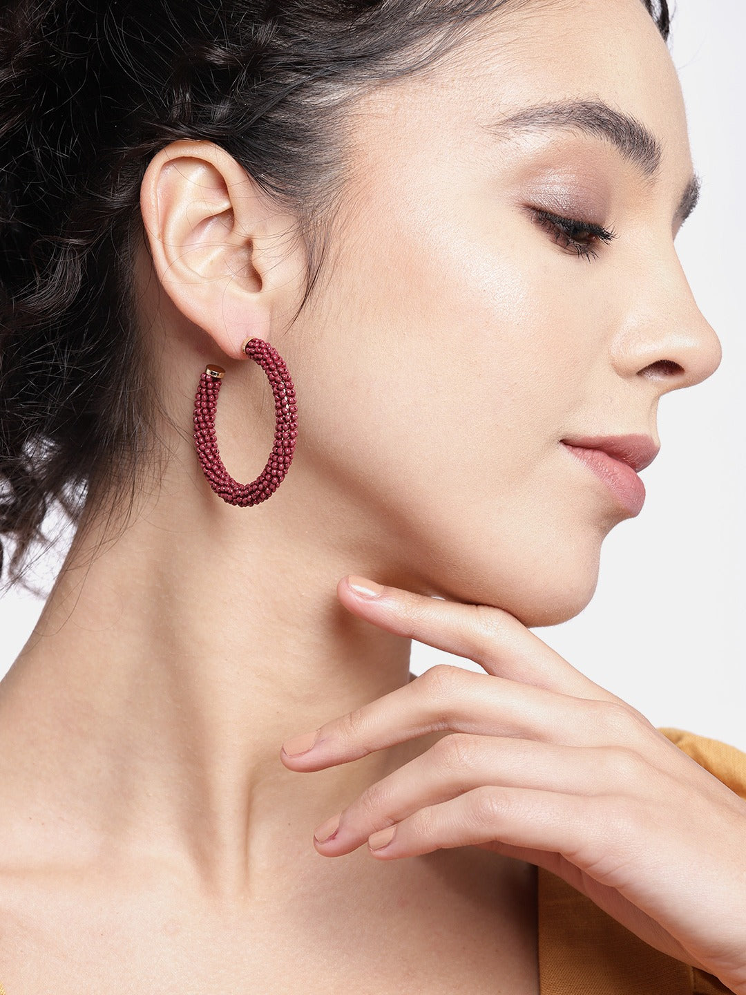 RICHEERA Red Circular Embellished Half Hoop Earrings