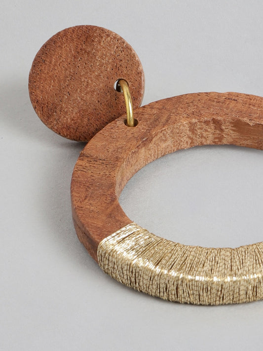 RICHEERA Gold-Toned & Brown Circular Drop Earrings