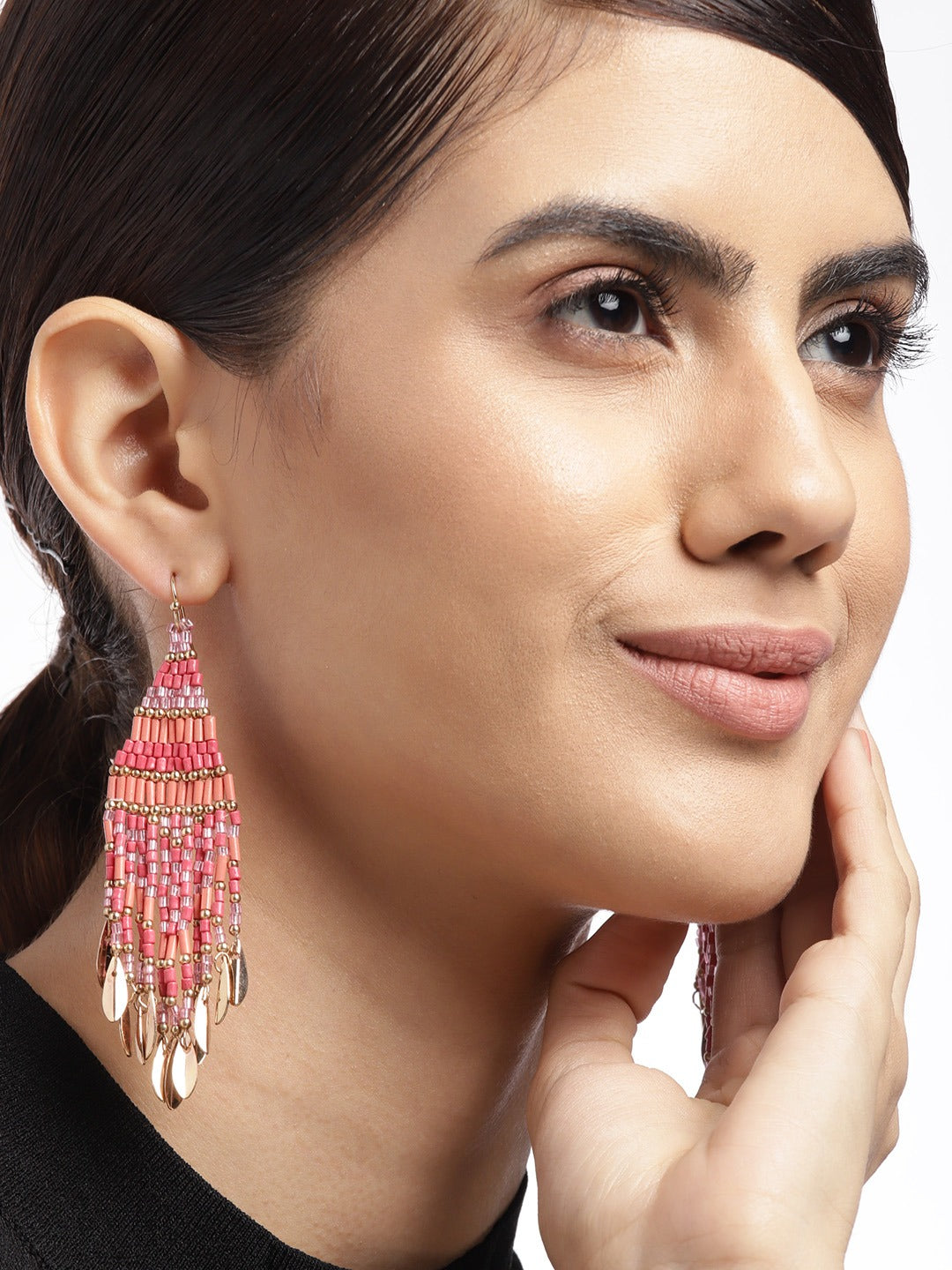 Coral & Gold-Toned Contemporary Drop Earrings