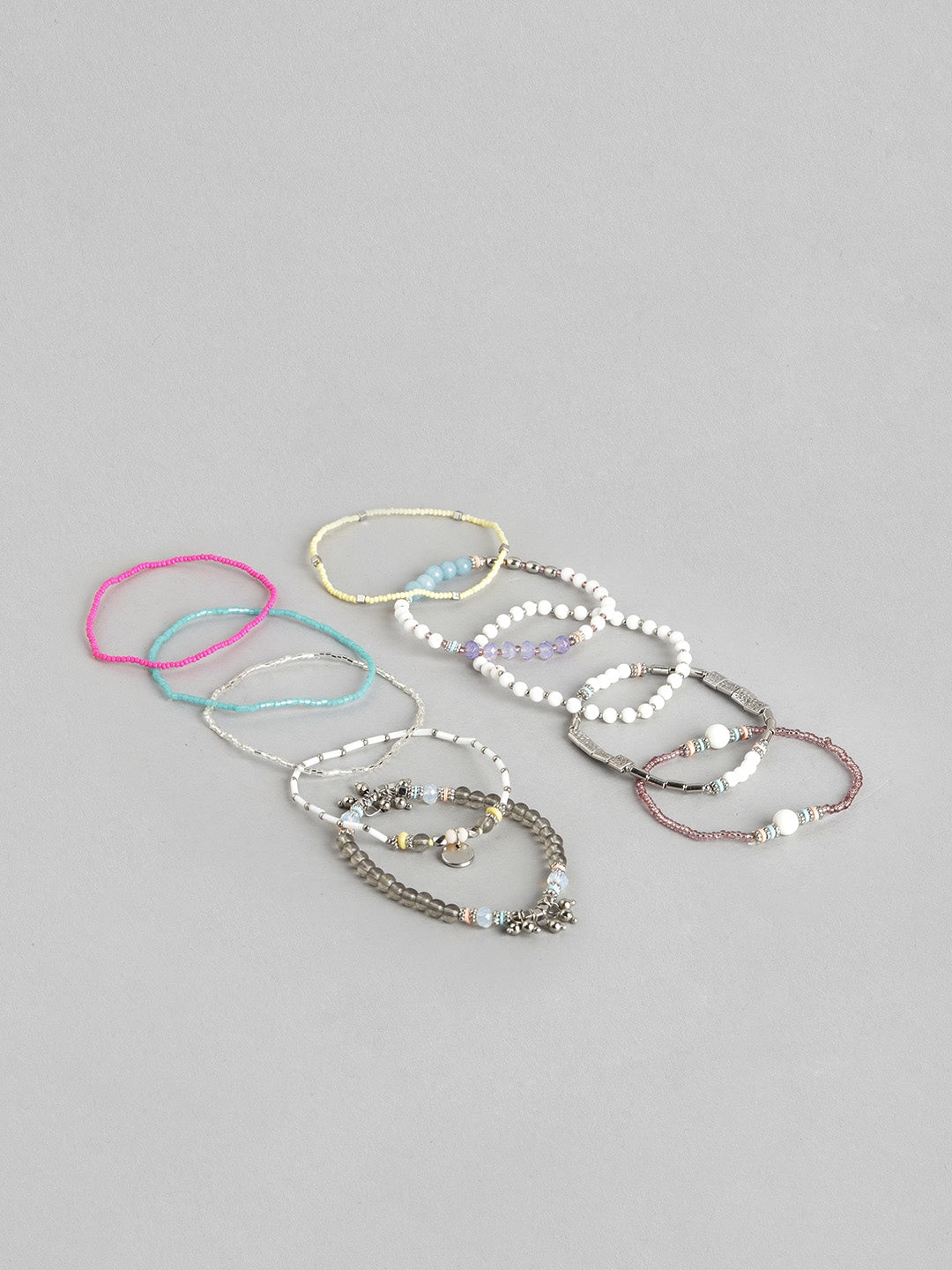 Women Set of 10 Silver-Toned & Off White Silver-Plated Armlet Bracelet